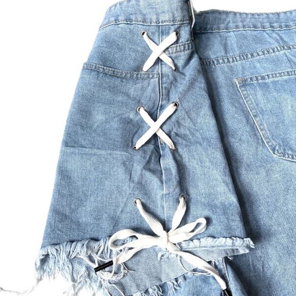 Shein Lace Up Sides Cutoff Jean Shorts Blue Size 3XL - Picture 3 of 6